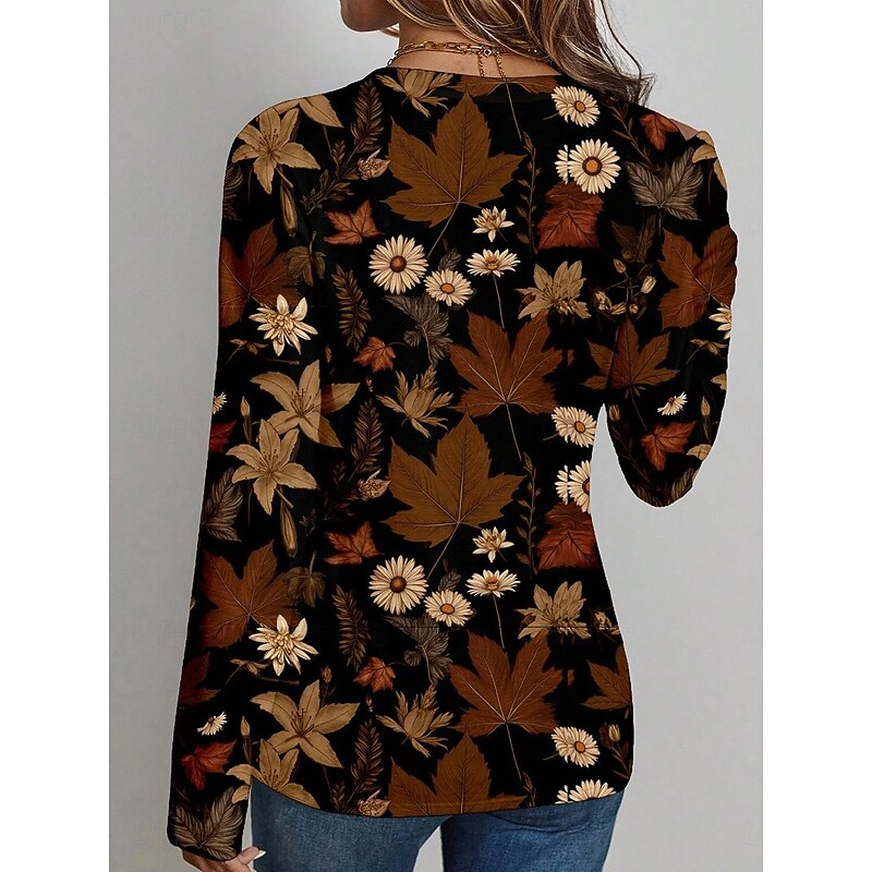 Women's T Shirt Floral Graphic Plants Vintage Stylish Classic Long Sleeve V Neck Regular Tops Daily Print Blue Orange Brown Khaki Spring Fall Winter2