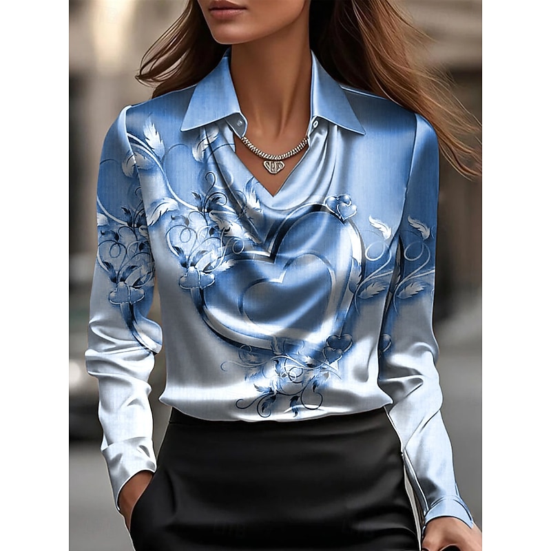 Valentine's Day Women's Shirt Dressy Tops Formal Work Shirt Heart Floral Graphic Elegant Stylish Long Sleeve Cowl Neck Regular Tops Party Evening Wear Daily Ruched Draped Pink Blue Purple Green Fall3