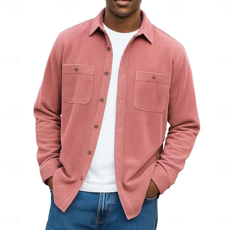 Men's Corduroy Shirt Pink Navy Blue Purple Green Gray Long Sleeve Turndown School Training Pocket Clothing Apparel Vintage Casual
