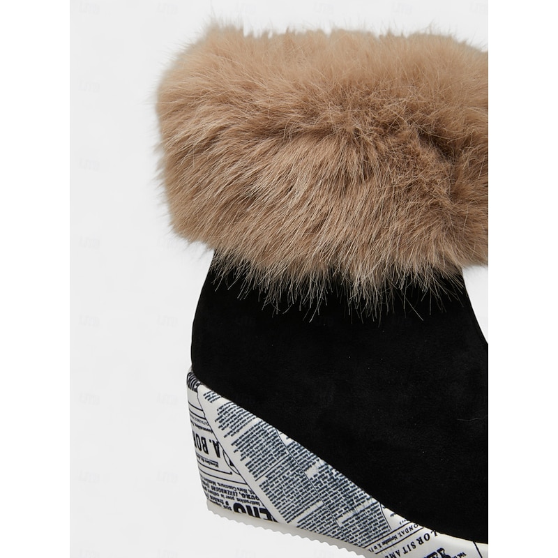 Women's Black Faux Suede Wedge Ankle Boots with Faux Fur Collar and Newspaper Print Sole, Fashion Casual Winter Shoes for Streetwear and Parties4