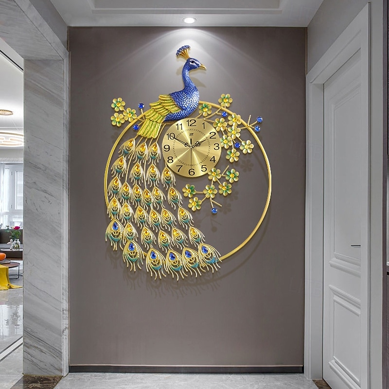 Large Peacock Wall Clock for Living Room Decor Metal Non-Ticking Silent Modern Luxury Art Big Wall Clock Decorative Elegant Gold Wall Clock for Bedroom,Office and Home Decor