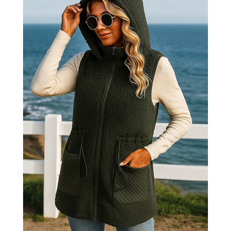 Women's Hooded Vest Polar Fleece Vest Drawstring Sleeveless Top Athleisure Solid Colored Warm Outdoor Travel Sports Sportswear Activewear Army Green3