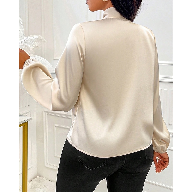 Women's Shirt Elegant Dressy Satin Solid Color Elegant Stylish Basic Long Sleeve Tie Neck Regular Tops Daily Going out Bow Apricot Spring Fall3