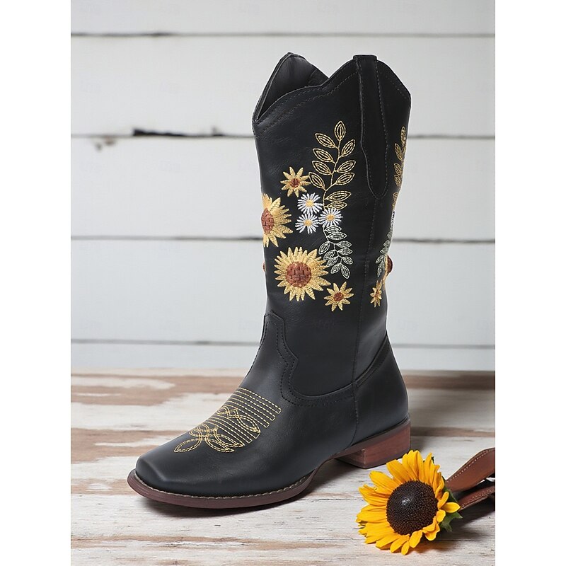 Women's Brown Cowboy Boots – Faux Leather Mid Calf Western Shoes with Sunflower Embroidery for Festivals and Country Style2