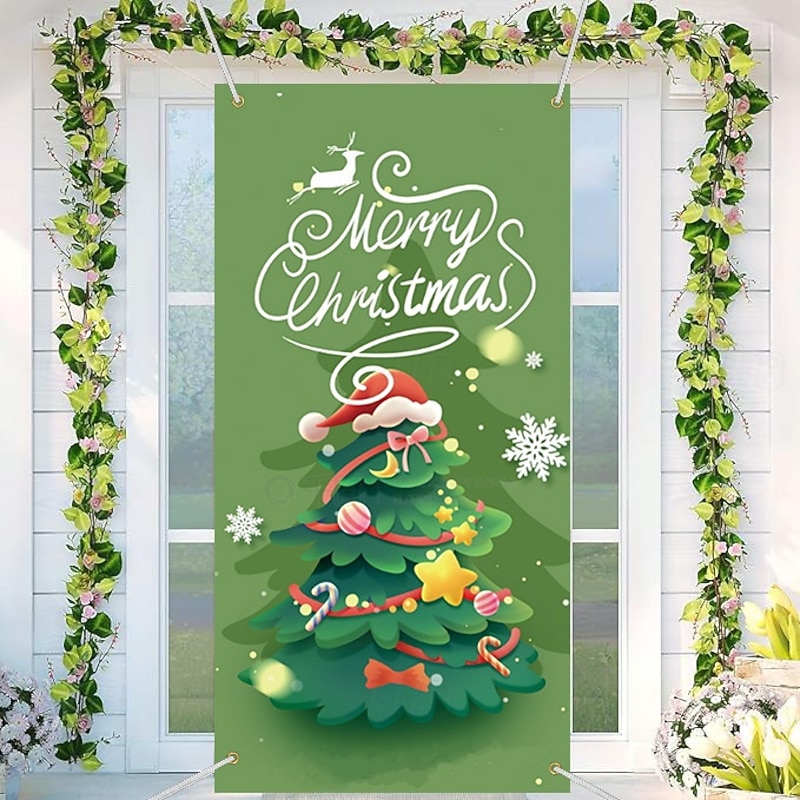 Green Christmas Tree Door Cover, Festive Holiday Backdrop Tapestry Wall Hanging for Family Gathering and Home Decoration