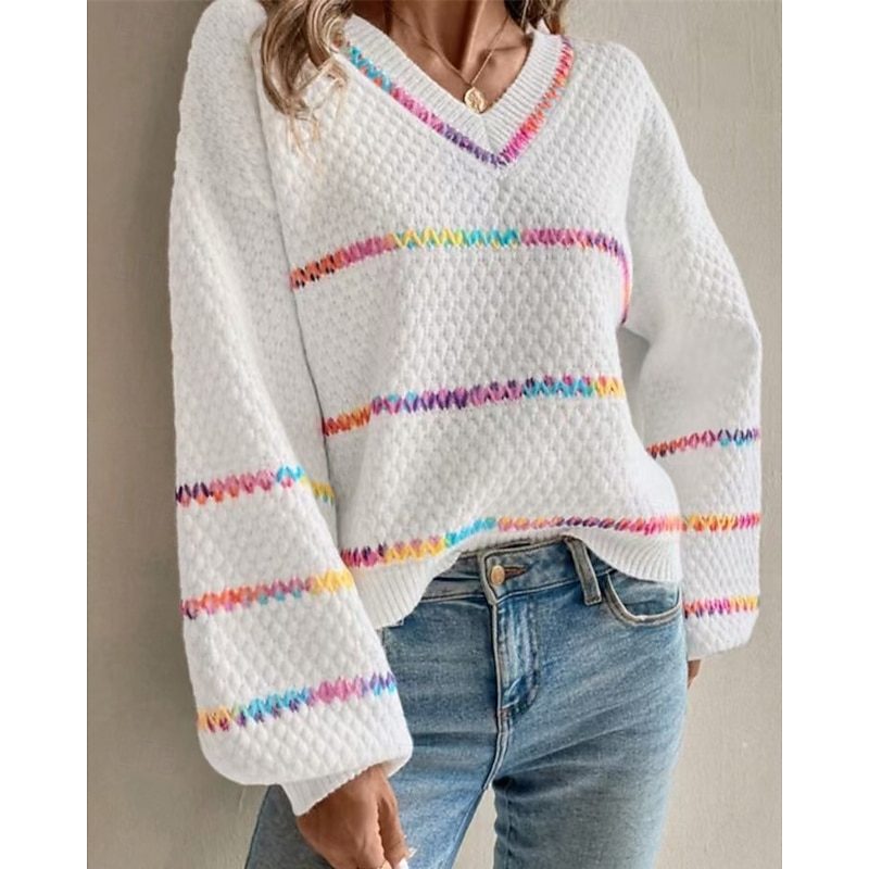Women's Sweater Pullover Daily Stylish Casual Striped Ribbed V Neck Knitted Long Sleeve Regular Tops Knit Daily Holiday Going out Black White Fall Winter2