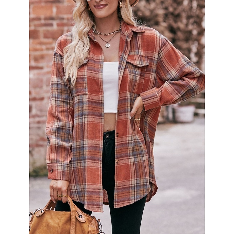 Women's Shirt Plaid Vintage Tropical Stylish Long Sleeve Shirt Collar Crop Tops Daily Pocket Buttons Print Yellow Red Light Brown Blue Brown Spring Fall4