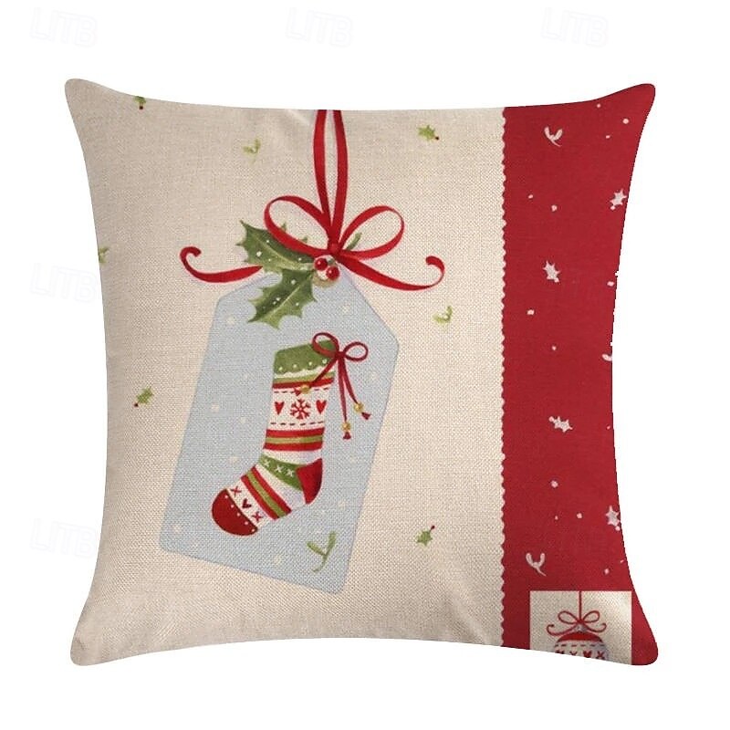 Christmas Red and White Patchwork Throw Pillow Cover, Festive Cartoon Holiday Wreath Cushion Case, Linen Decorative Pillowcase for Sofa4