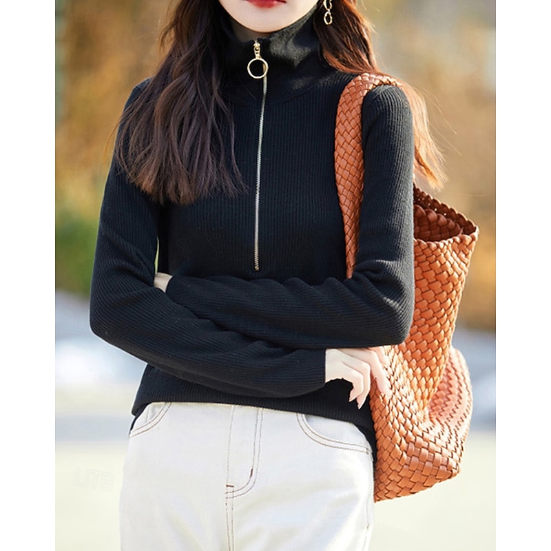 Women's Sweater Fashion Casual Pure Color Ribbed Half Zip Knitted Long Sleeve Regular Tops Knit Outdoor Daily Weekend Black Fall Winter3