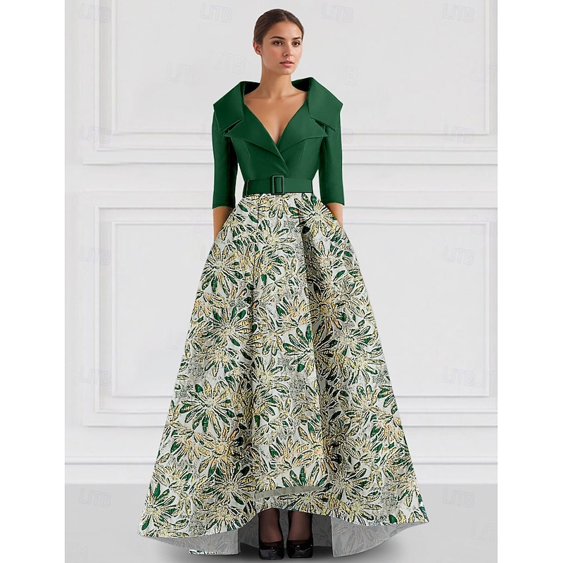Floral Jacquard A-Line Evening Gown Elegant High-low Dress Stretch Satin Formal Wedding Floor Length Half Sleeve V Neck 2025