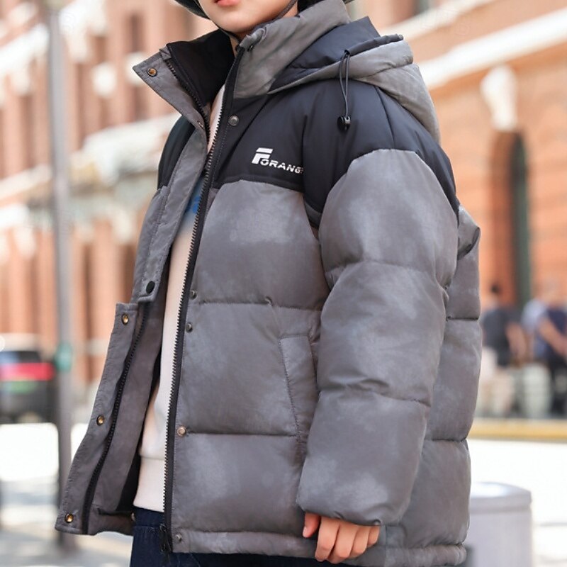 Kids Unisex Down Jacket Outdoor Jacket Puffer Jacket Outerwear Color Block Long Sleeve Keep Warm Windproof Coat Outdoor Daily Basic Black Green Gray Fall Winter 4 years+