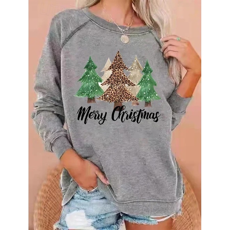Women's Pullover Graphic Christmas Tree Casual Long Sleeve Crew Neck Regular Tops Casual Holiday White Green Dark Gray Gray Spring Fall Winter3
