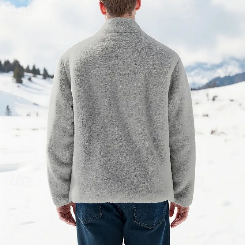 Men's Winter Jacket Fleece Jacket Teddy Coat Vacation Daily Thermal Warm Pocket Fleece Winter Plain Fashion Streetwear Stand Collar Regular Black Blue Dark Blue Gray Jacket2