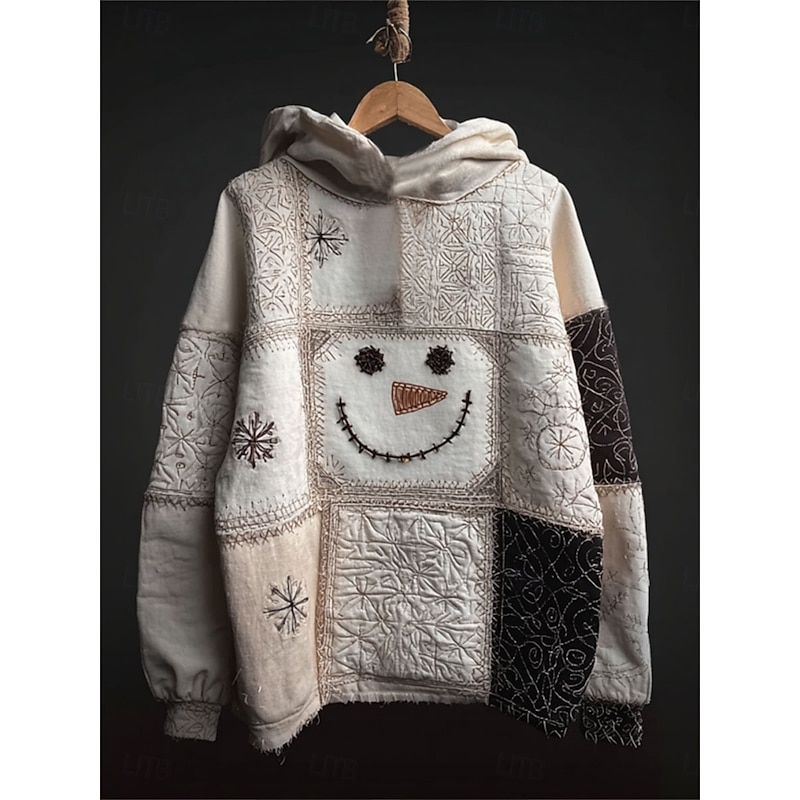Women's Pullover Hoodie Sweatshirt Graphic Snowman Christmas Casual Long Sleeve Hooded Regular Tops Party Evening Wear Street Dailywear Patchwork Blue Purple Green Beige Spring Fall Winter