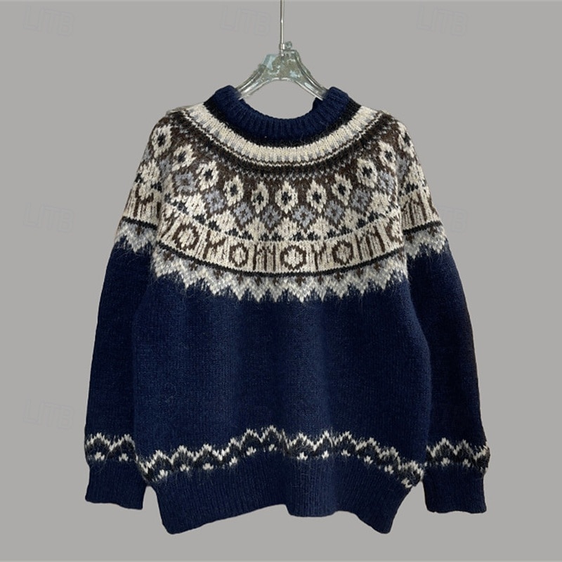 Women's Sweater Pullover Fashion Casual Geometric Ribbed Crew Neck Knitted Print Long Sleeve Regular Tops Knit Christmas Outdoor Daily Blue Fall Winter2