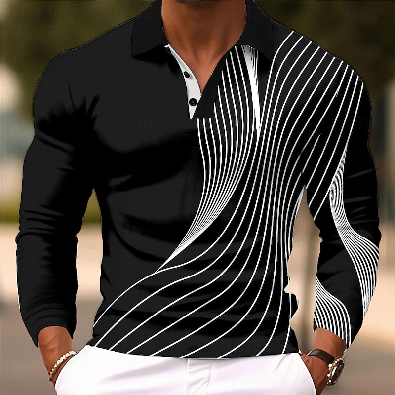 Men's Geometic Line Polo Long Sleeve Polo Shirts Collared Shirts Business Casual Business Athleisure Daily Wear 3D Print Buttons Spring Fall Winter Black Red Blue