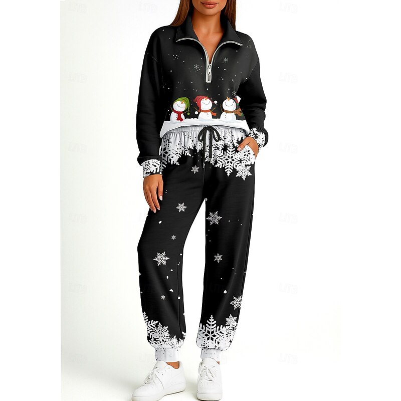 Christmas Women's Sweatshirt Tracksuit 2 Piece Tracksuit Drawstring Zip Up Clothing Suit Fall Black Vocation Outdoor Travel Lightweight Fashion Long Sleeve Sport Activewear Stretchy Regular Fit3