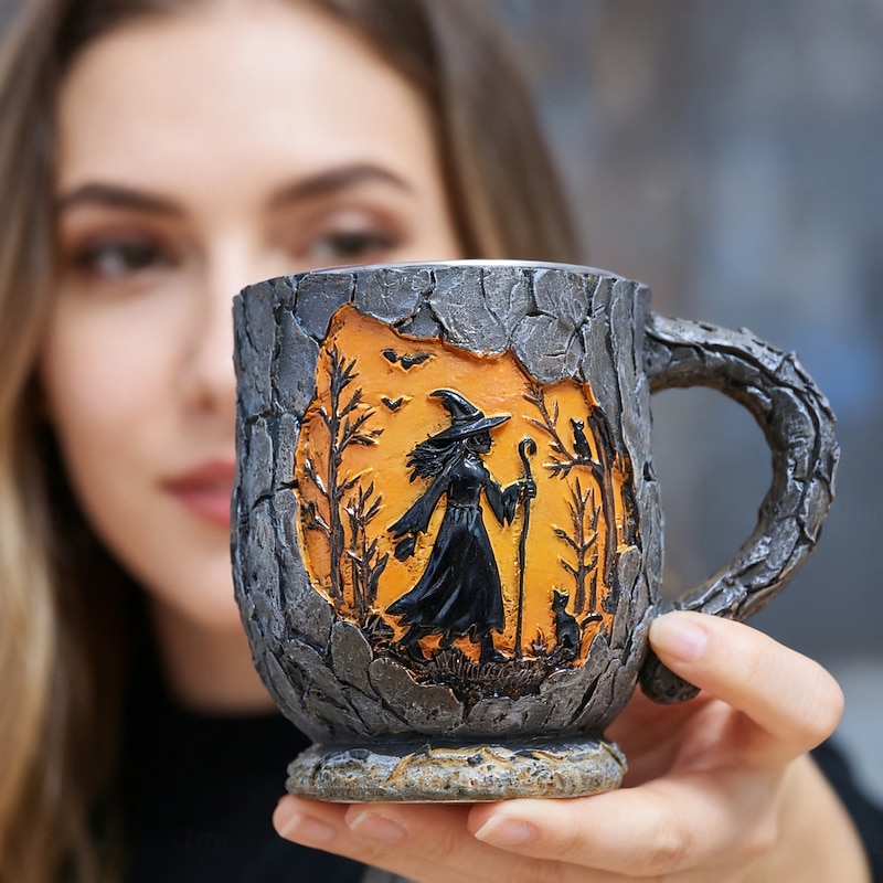 Witch Forest Fire Mug - 3D Vintage Halloween Coffee Cup with Bigfoot Silhouette Nature and Camping Theme Ceramic Mug Collector's Drinkware for Halloween, Monster & Nature Enthusiasts2