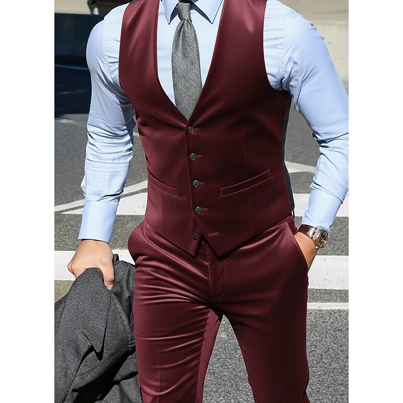 Men's Wedding Party Business Suits Notch Lapel Burgundy Dark Green Formal Solid Colored Slim Fit 2 Piece