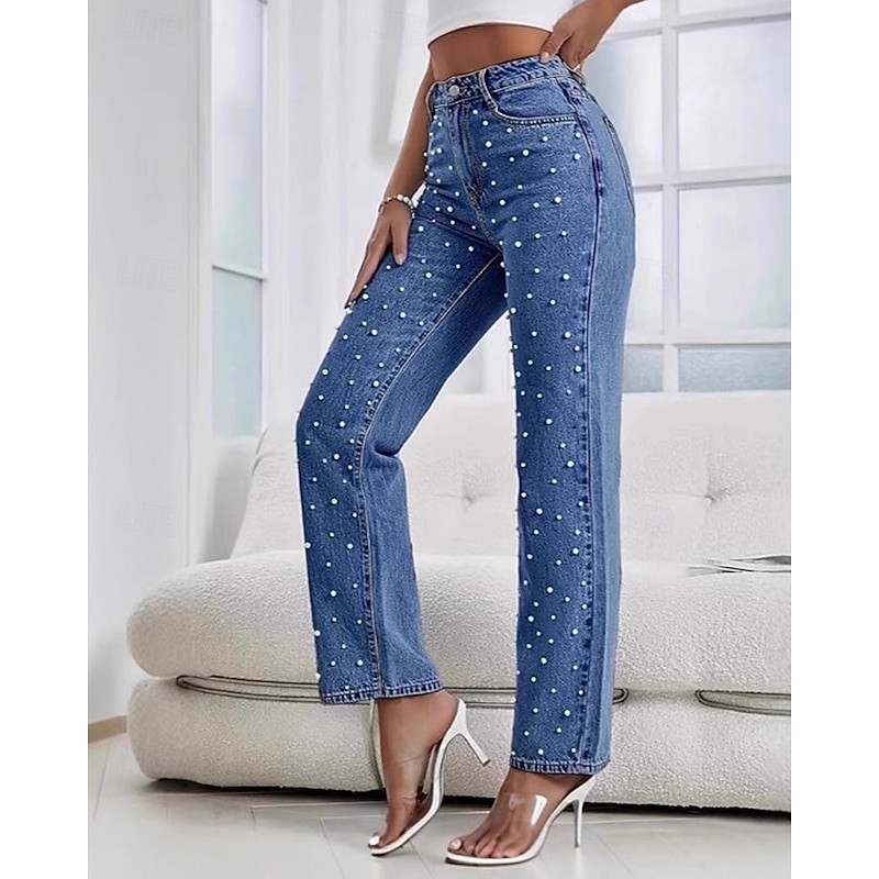 Women's Jeans Vacation Streetwear Full Length Medium Waist Polka Dot Pocket Comfortable Micro-elastic Outdoor Vacation Daily Dark Navy Light Blue Spring Fall Regular Fit4