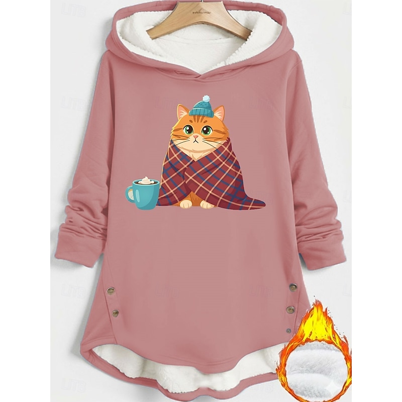 Women's Pullover Hoodie Sweatshirt Cat Warm Casual Long Sleeve Hooded Long Tops Street Dailywear Holiday Buttons Print Black Dark Pink Blue Gray Fall Winter