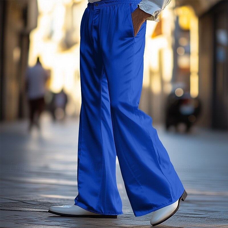 Men's Trousers Dress Pants Bell Bottom Flared Pants Satin Pants Pocket Solid Color Plain Breathable Full Length Outdoor Party Business Fashion Streetwear Black White Inelastic4
