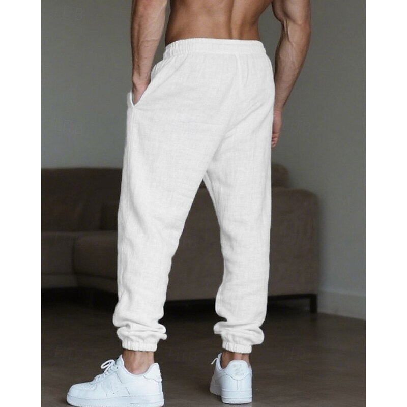 Men's Linen Pants Trousers Summer Pants Beach Pants Drawstring Pocket Elastic Waist Plain Comfort Breathable Vacation Daily Holiday Hawaiian Boho Black White3
