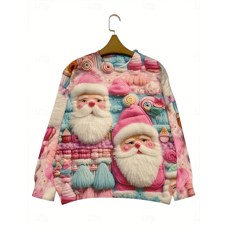 Christmas Women's Sweater Pullover Daily Casual Graphic Santa Claus Ribbed Crew Neck Knitted Print Long Sleeve Regular Tops Knit Outdoor Weekend Pink Fall Winter2