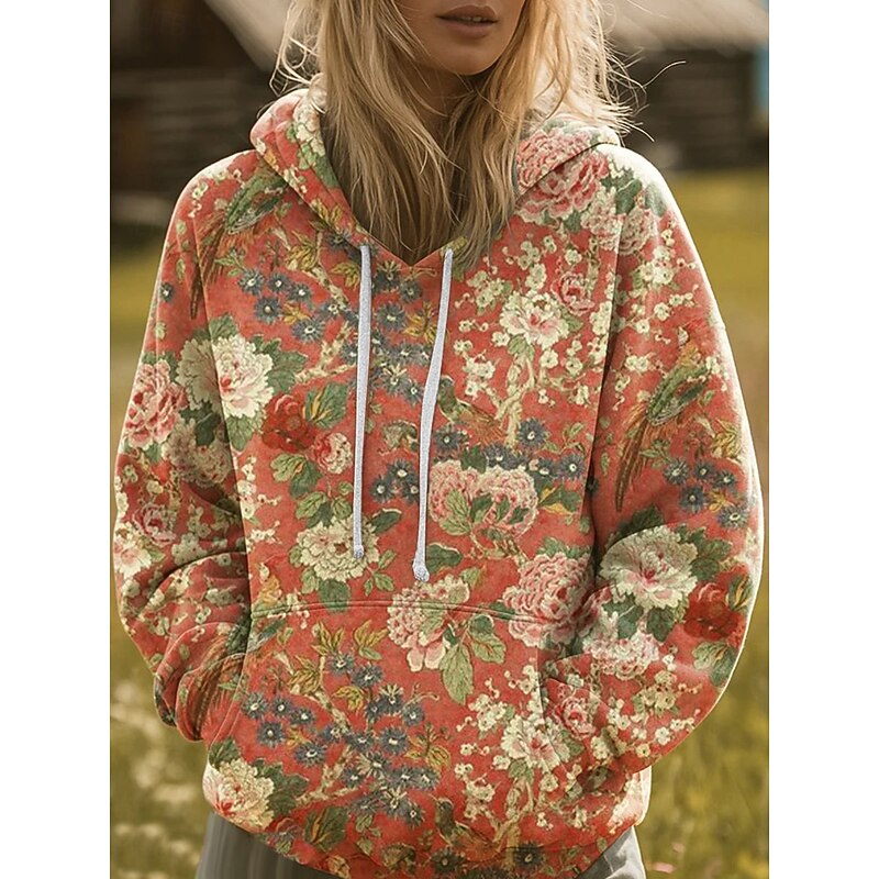 Women's Pullover Hoodie Sweatshirt Graphic Geometric Casual Boho Long Sleeve Hooded Regular Tops Street Dailywear Print Front Pocket Red Light Purple Purple Orange Green Fall Winter2