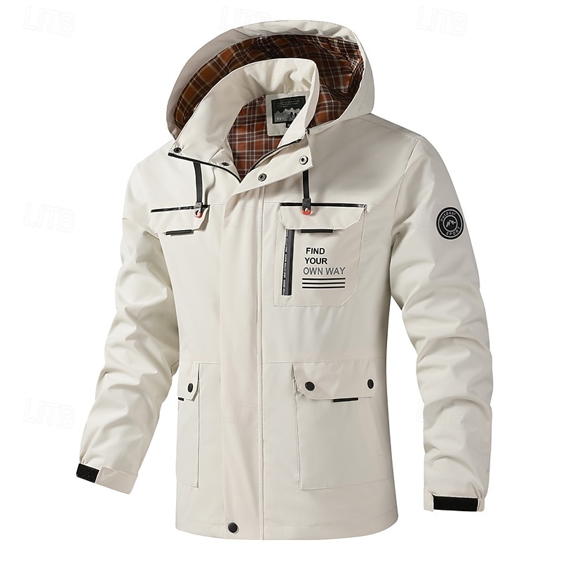 Men's Outdoor Jacket Raincoat Hiking Jacket Daily Hiking Windproof Rainproof Pocket Spring Fall Letter Fashion Classic Hooded Regular Black Yellow Army Green Beige Jacket2