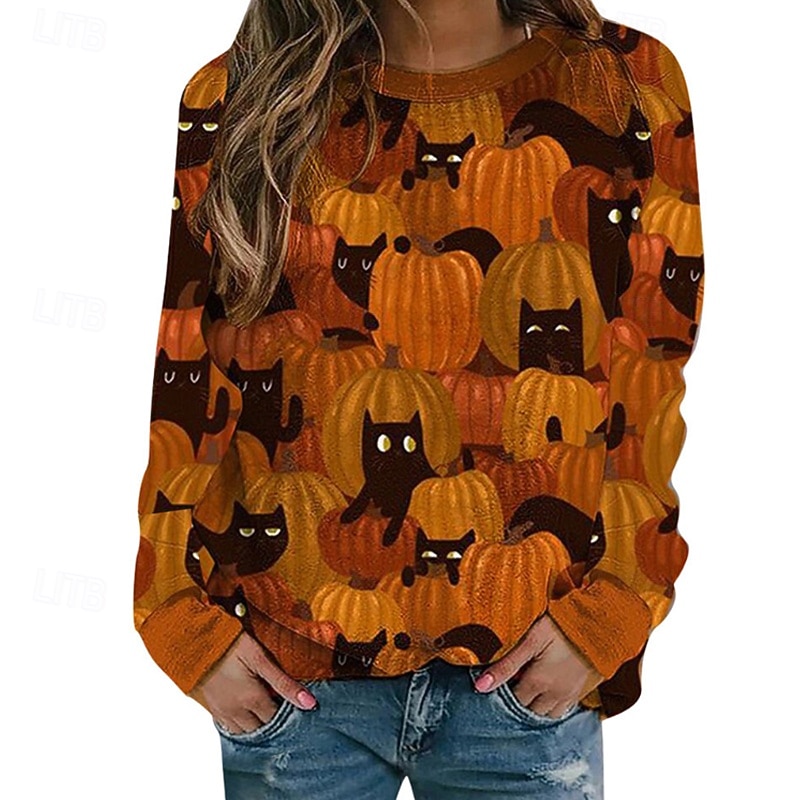 Women's Pullover Sweatshirt Sweatshirts Cat Pumpkin Streetwear Casual Long Sleeve Crew Neck Regular Tops Street Holiday Going out Print Black Yellow Dark Green Orange Green Fall Winter2