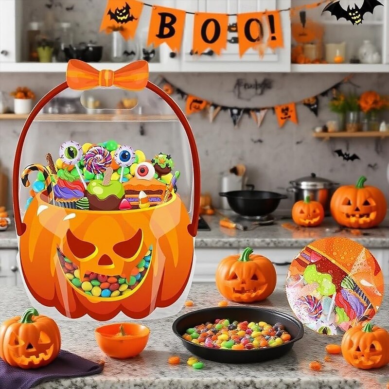 10Pcs Halloween Favor Bags Transparent Pumpkin/ Cauldron Sealed Pouches with Handles Resealable Happy Plastic Favor Bags for Holiday Party Candy Gift Wrapping Supplies Decoration3