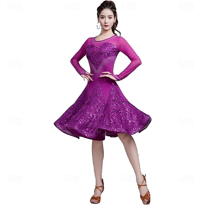 Women's Latin Tango Salsa Dance Competition Dress Rhinestones Long Sleeves Waltz Cha Cha Practice Fishtail Skirt4