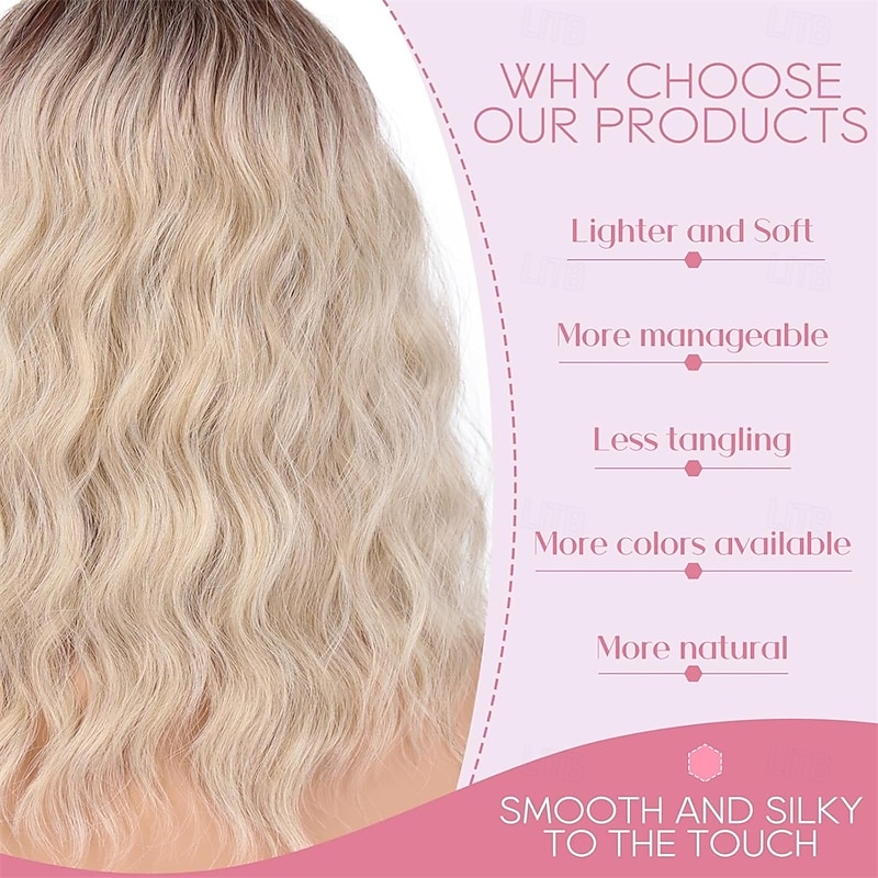 Ombre Walnut Brown to Ash Blonde Wigs for Women 16 Inch Medium Length Middle Part Curly Wavy Wig Natural Looking Synthetic Hair Wig for Daily Party/Halloween Use 16IN Ombre Walnut Brown to Ash Blonde2