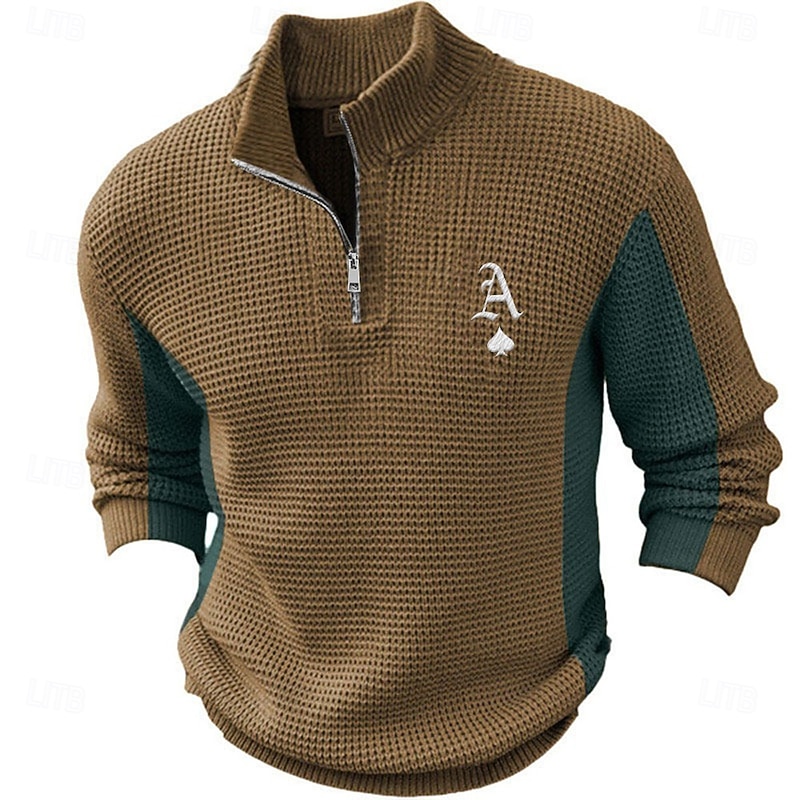 Men's Quotes & Sayings Pullover Sweater Jumper Zip Sweater Polo Sweater Zip Collar Casual School Vacation Daily Embroidered Zipper Knitting Long Sleeve Spring Fall Winter Sky Blue Brown Green2