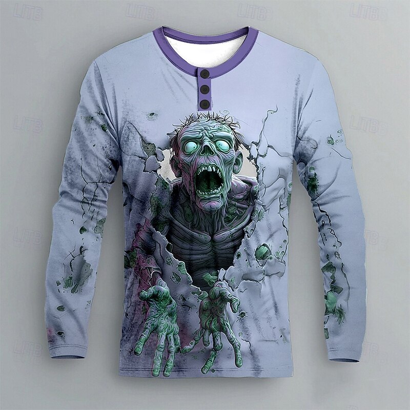 Men's Halloween Zombies Henley Shirt Long Sleeve Fashion Cute Daily Casual Holiday Going out Spring Fall Spring &  Fall Blue Green Purple Khaki Henley Henley T-Shirt3