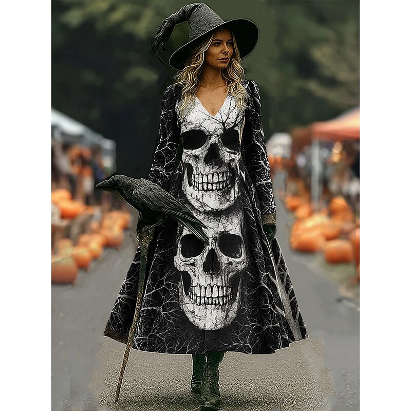 Halloween Women's Maxi Dress A Line Dress Vacation Casual Boho Beach Regular Fit Graphic Skull Bull Long Sleeve V Neck Black Wine Dark Grey Spring Fall