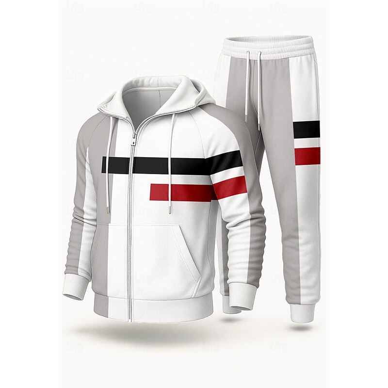 Christmas Men's Hoodie Tracksuit 2 Piece Tracksuit Drawstring Zip Up Geometric Clothing Suit Fall Red Vocation Outdoor Travel Lightweight Fashion Long Sleeve Sport Activewear Stretchy Regular Fit