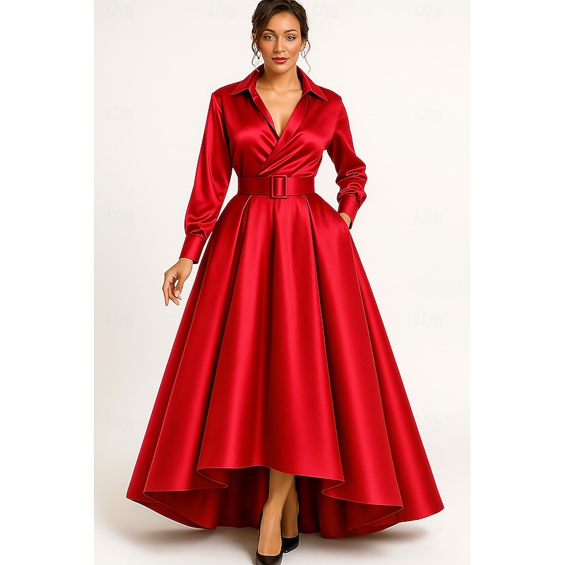 A-Line Mother of the Bride Dress Elegant Vintage Shirt Collar Asymmetrical Floor Length Satin Long Sleeve with Bow(s)4