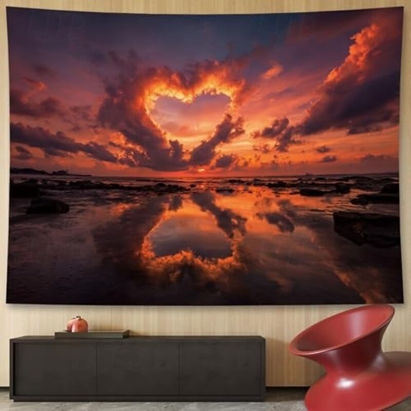 Beautiful Ocean Sea Pink Sunset Heart Shaped Cloud Landscape Hanging Tapestry Wall Art Large Tapestry Mural Decor Photograph Backdrop Blanket Curtain Home Bedroom Living Room Decoration