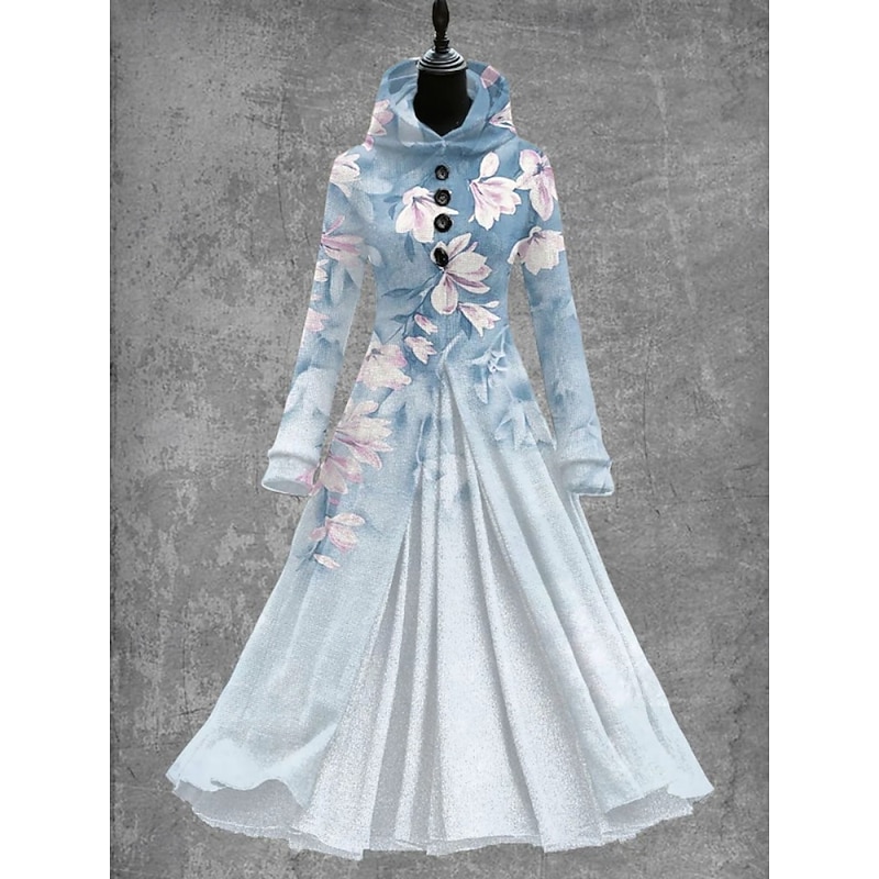 Women's Maxi Dress A Line Dress Casual Daily Regular Fit Floral Long Sleeve Hooded Royal Blue Blue Sky Blue Green Spring Fall2