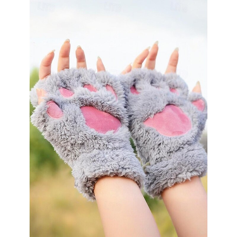 Women's Plush Paw Gloves – Cute Furry Cat Claw Mittens, Soft Winter Warm Fingerless Gloves for Cosplay, Halloween and Daily Wear3