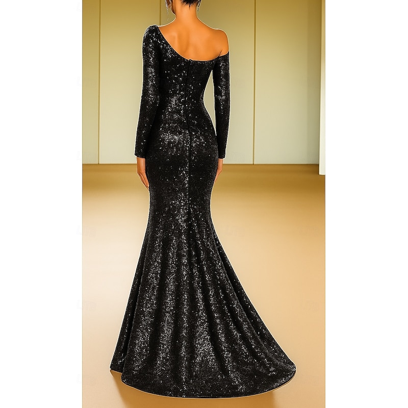 Red Black Stretch Sequined Mermaid / Trumpet Evening Gown Elegant Dress Formal Wedding Floor Length Long Sleeve One Shoulder with Glitter 20252