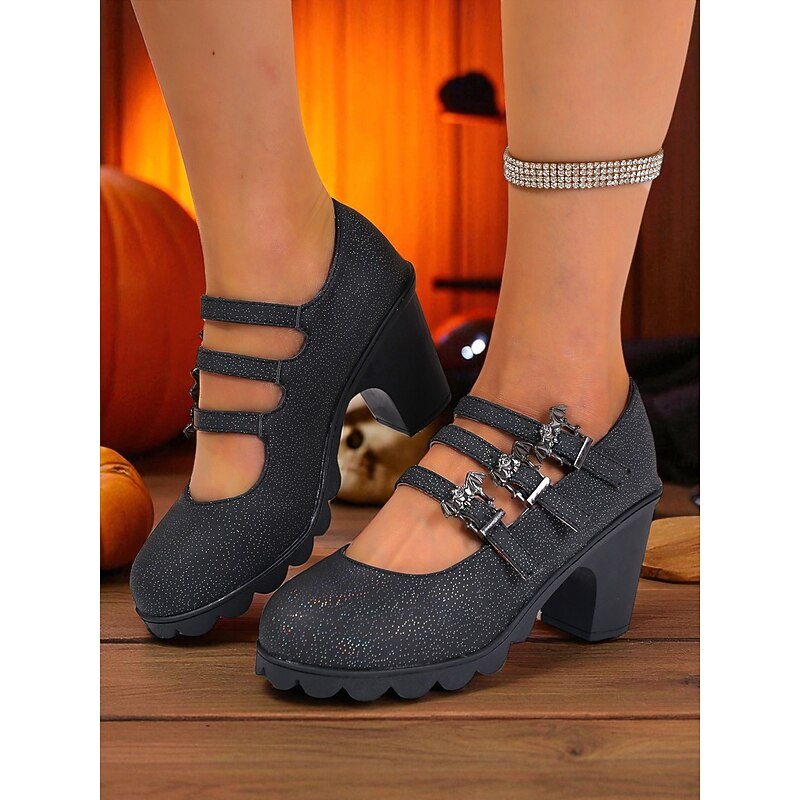 Women's Halloween Chunky Heel Mary Jane Pumps – Gothic Black Party Shoes with Bat Buckle Straps for Costume, Night Out and Cosplay3