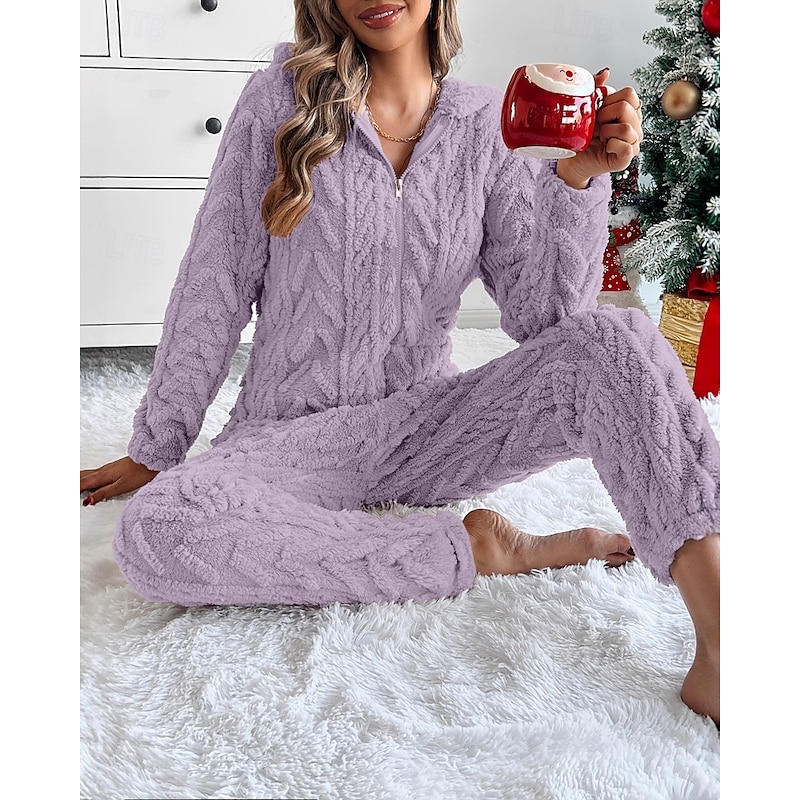 Women's Normal Jumpsuit Active Solid Color Long Sleeve Hooded Zipper Christmas Vacation Regular Fit Purple Khaki Apricot Fall4