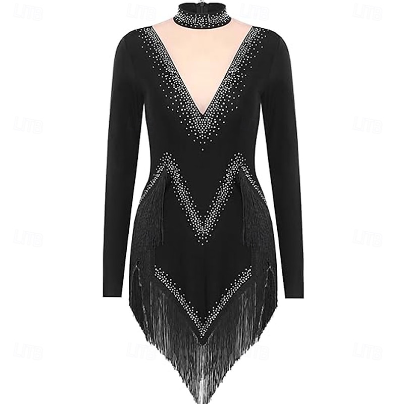 Women's Sparkly Latin Dance Dress Long Sleeve Tassel Cha Cha Salsa Rumba Tango Performance Costume4