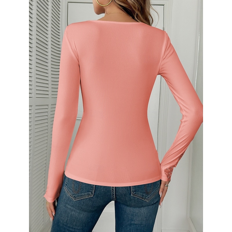 Women's Blouse Solid Color Elegant Stylish Basic Long Sleeve Crew Neck Regular Tops Daily Lace Patchwork Black White Pink Spring Fall Winter4