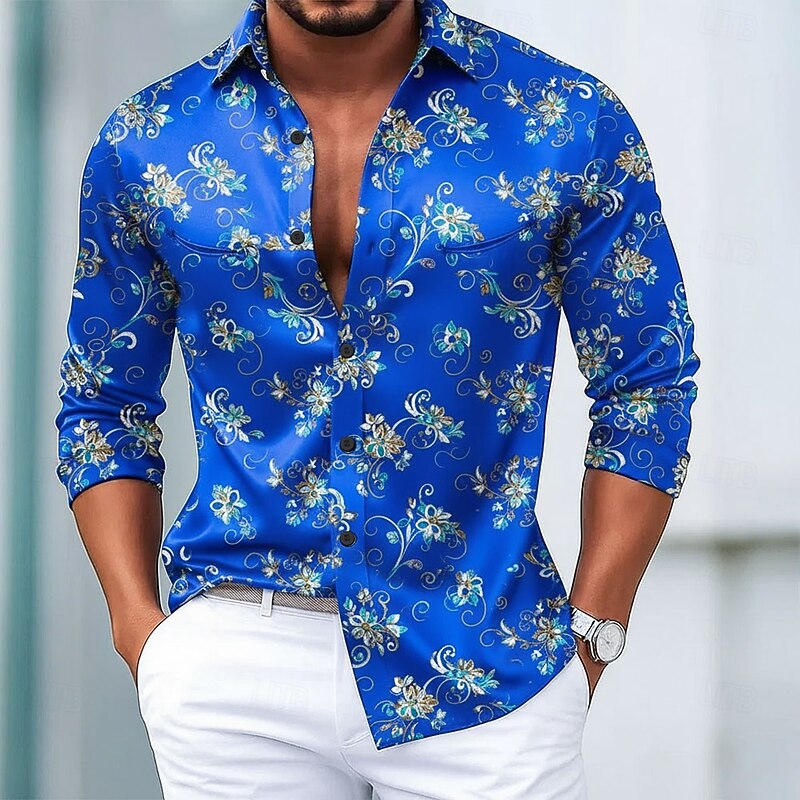 Men's Floral Print Flowers Shirt Satin Shirt Dress Shirt Long Sleeve Vintage Retro Vacation Dailywear Summer Spring Fall Turndown 3D Print Button Up Shirts Black White Red Blue4
