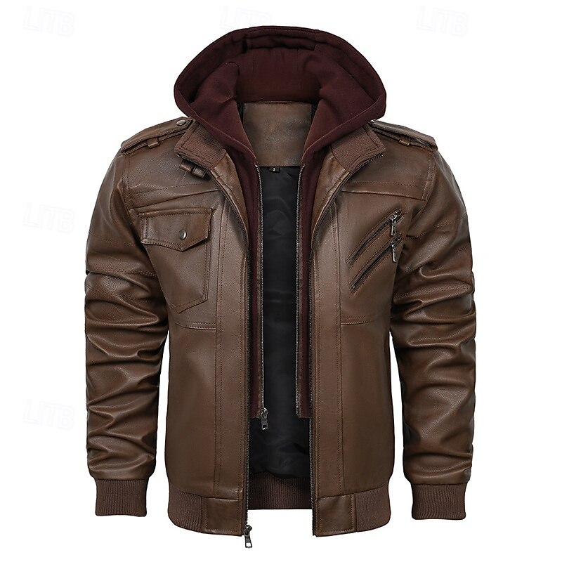 Men's Faux Leather Jacket Fleece Jacket Biker Jacket Motorcycle Jacket Vacation Daily Windproof Warm Pocket Winter Plain Fashion Classic Hooded Regular Black Brown Jacket4