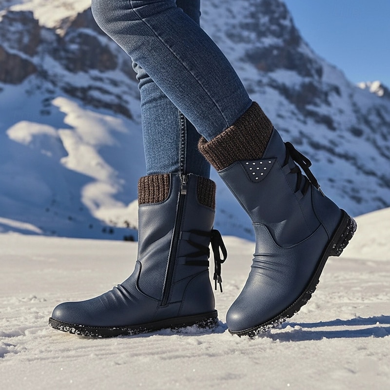 Women's Gray Suede Mid-Calf Boots with Knit Cuffs and Lace-Up Detail - Stylish Winter Boots with Side Zipper and Rugged Sole